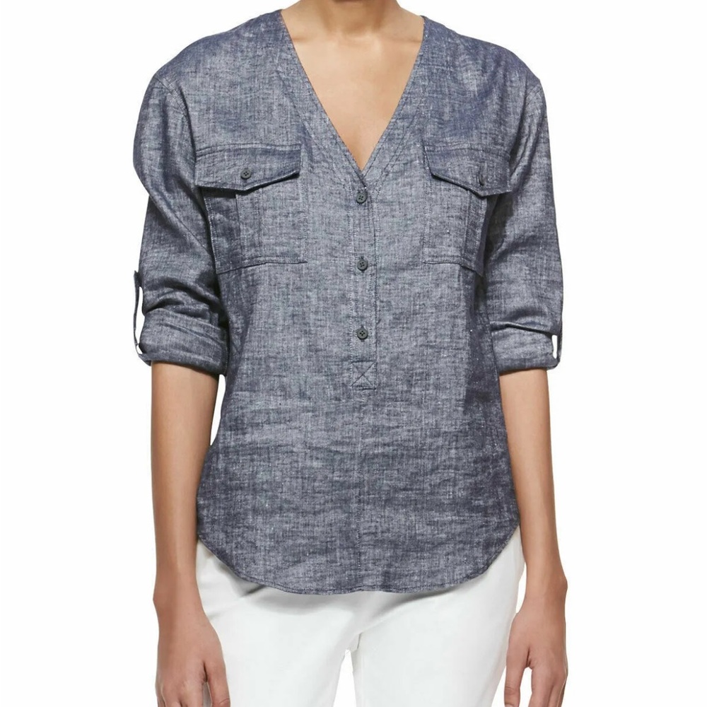 THEORY Trisalta Sharkskin Button Blouse Top Size M NWT $275